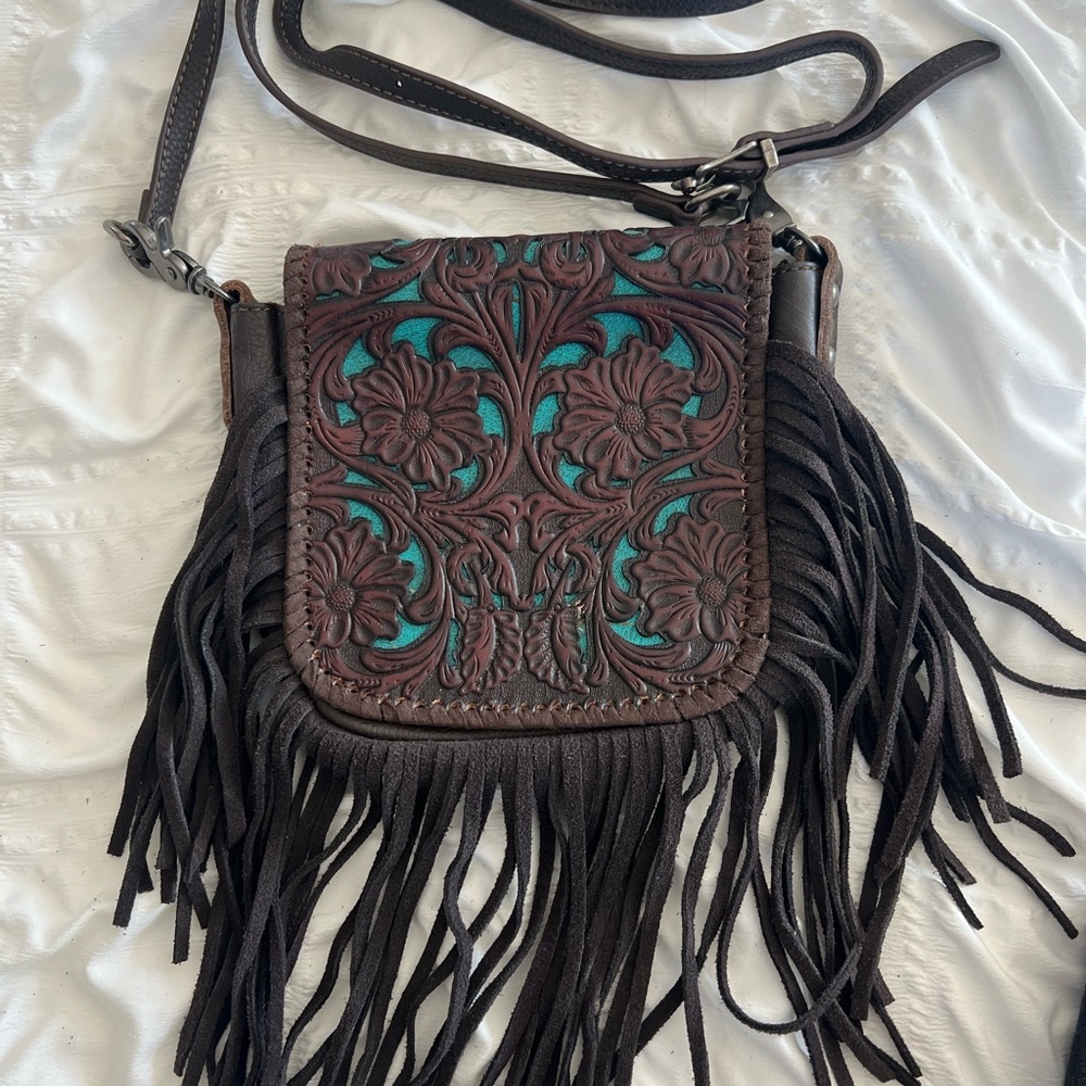 Brown and Teal Fringe Crossbody Bag